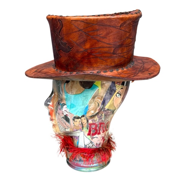 Vintage Hand-Tooled Leather Steampunk Top Hat, Small Fit, Whipstitch Unique Hat - Picture 7 of 15